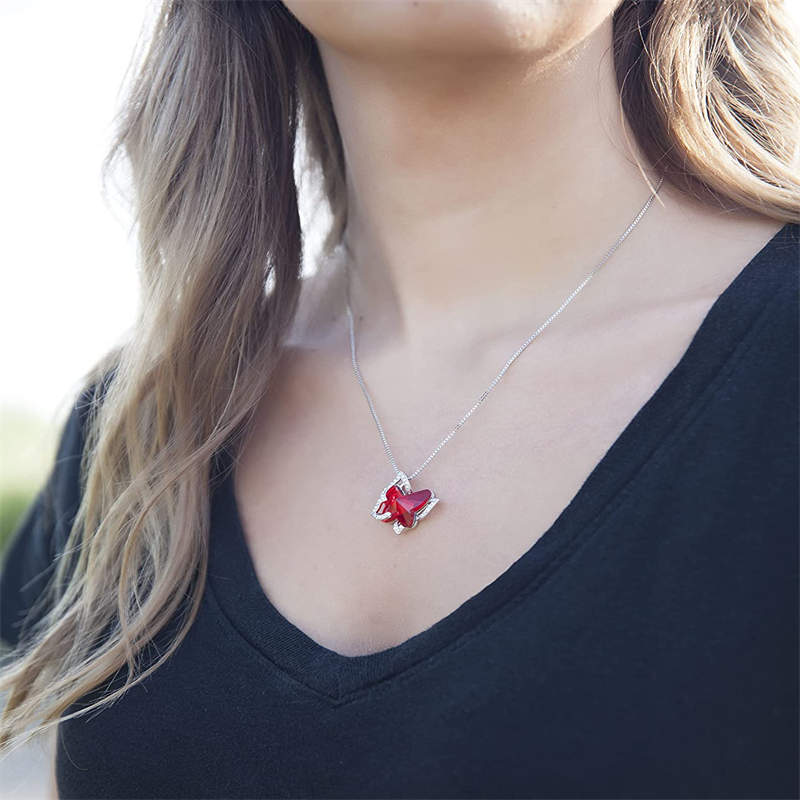 Butterfly Birthstone Crystal Pendant Necklace Gifts for Women Girls-Red