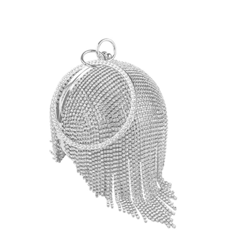 Women Crystal Tassel Evening Clutch Bag Rhinestones Party Wedding Handbag-Silver