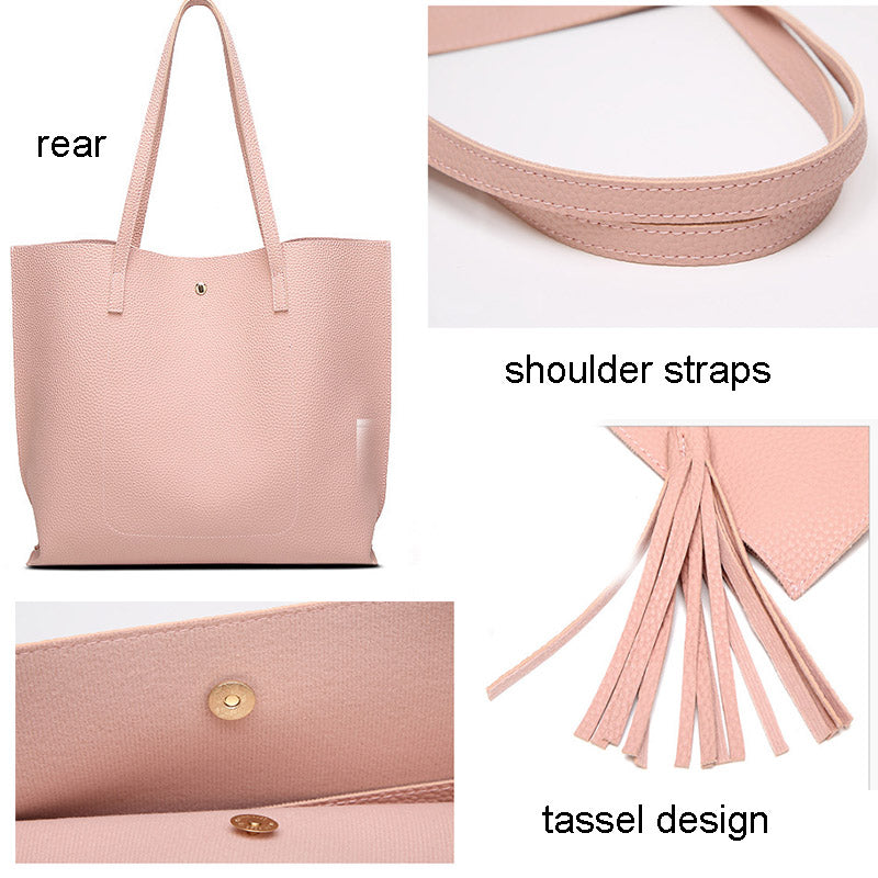 Womens Soft Leather Tote Shoulder Bag Big Capacity Tassel Handbag-Pink