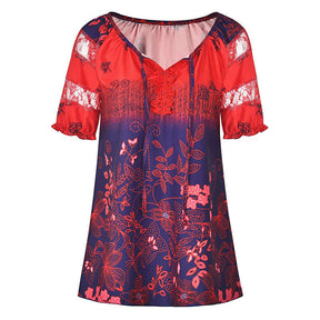 Womens Casual Boho Floral Print V Neck Lace Short Sleeve Tops-Red