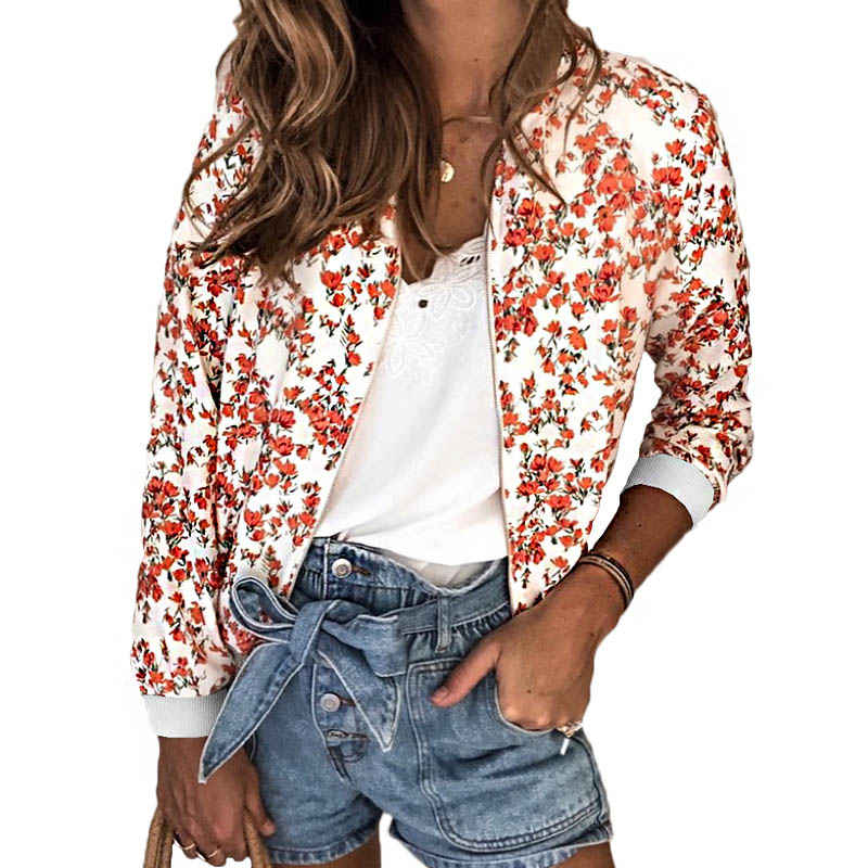 Womens Jackets Lightweight Zipper Bomber Jacket Cropped Coat-White Red Flower