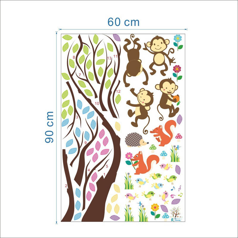 Removable Creative Brown Tree Cartoon Monkey Squirrel Home Art Decor Wall Stickers for Kids Room