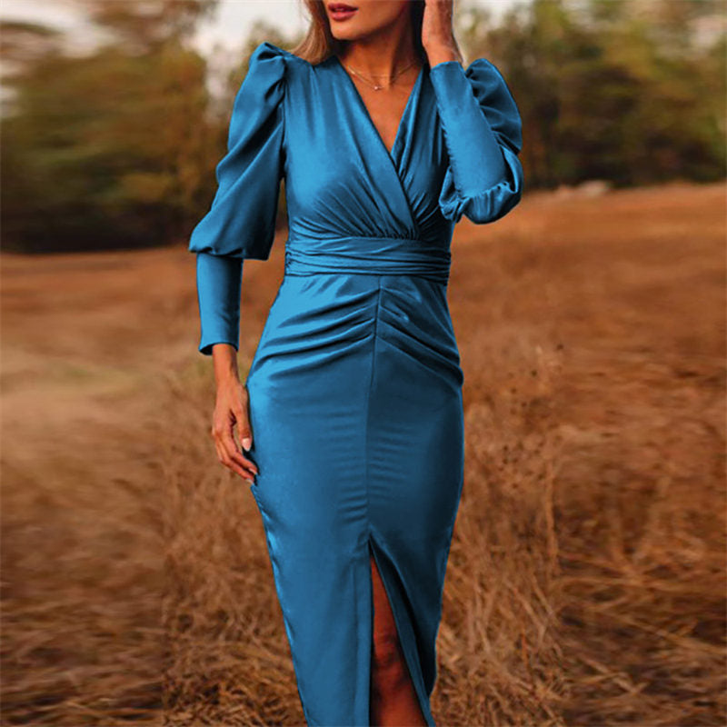 Sexy Tight-Fitting Long Sleeves Solid Color V-Neck Slit Dress-Blue