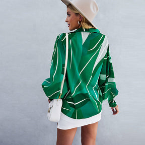 Printed Blouses for Women Button Down Long Sleeve Shirts Loose Fit Tops-Green