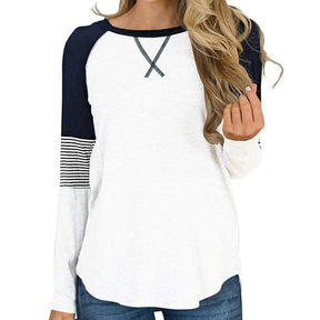 Womens Color Block Round Neck Tunic Top Casual Long Sleeve Shirt-White