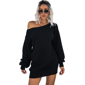 Womens Autumn Winter Off Shoulder Casual Loose Sweater Dress-Black