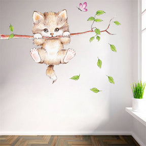 Cartoon Cat On The Tree Branches Wall Stickers Removable Kitty Wall Art Decoration