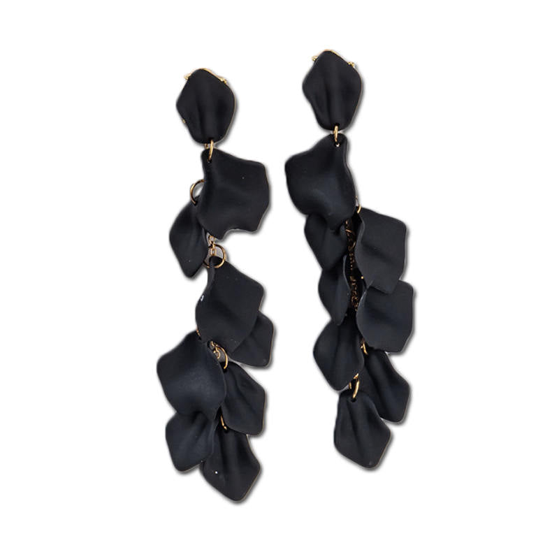 Long Drop Rose Petal Earrings for Women and Girls-Black