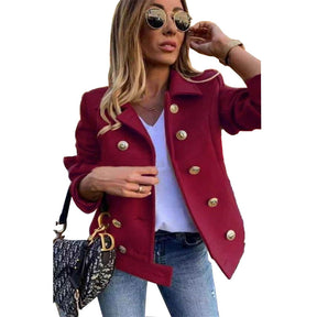 Womens Peacoat Double Breasted Lapel Casual Cropped Jackets Winter-Wine Red