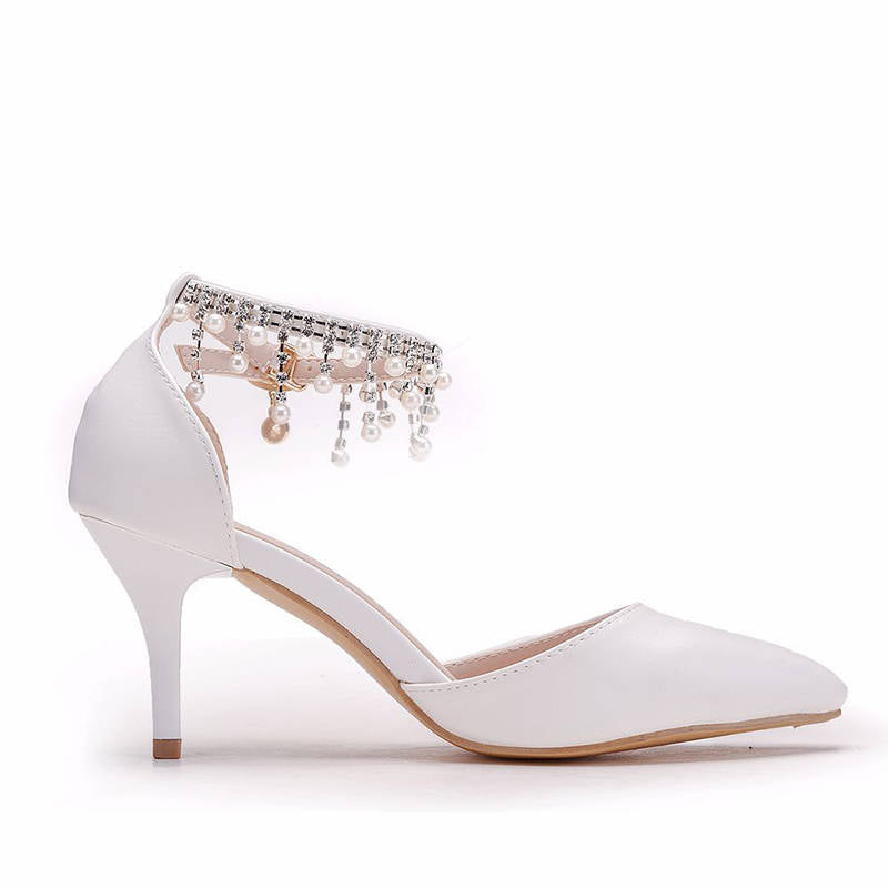 Pointed Toe 7.5cm High Heel Pearl Ankle Strap Wedding Dress Pump-White