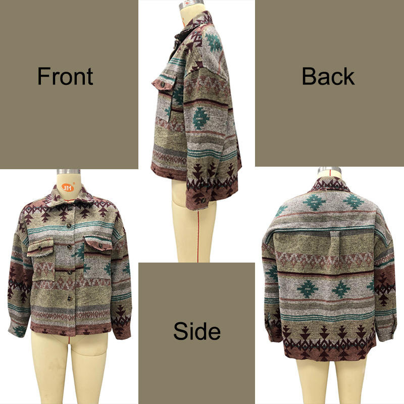 Womens Aztec Jacket Retro Lapel Long Sleeve Coat with Pockets-Green