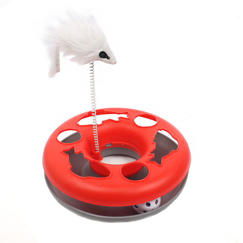 Interactive Cat Toy Scratching Spring Mouse Turntable with  Exercise Bell Balls-Red