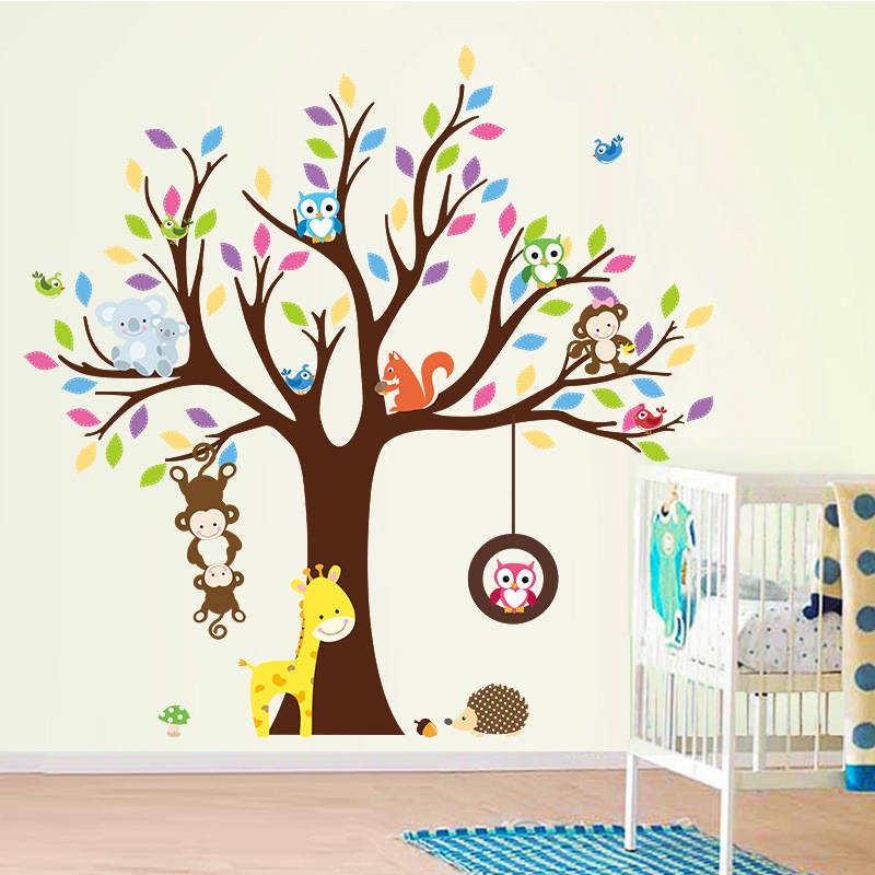 Removable Creative Brown Tree Cartoon Monkey Owls Koala Home Art Decor Wall Stickers for Kids Room