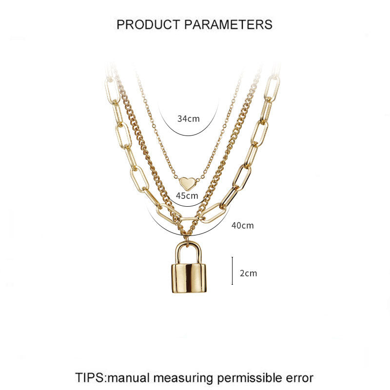 Gold Heart Lock Pendant Multilayer Necklace for Women