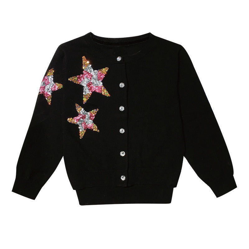 Toddler Girls Cardigan Sweater Knit Ruffles Crew Neck Outwear Coat-Black