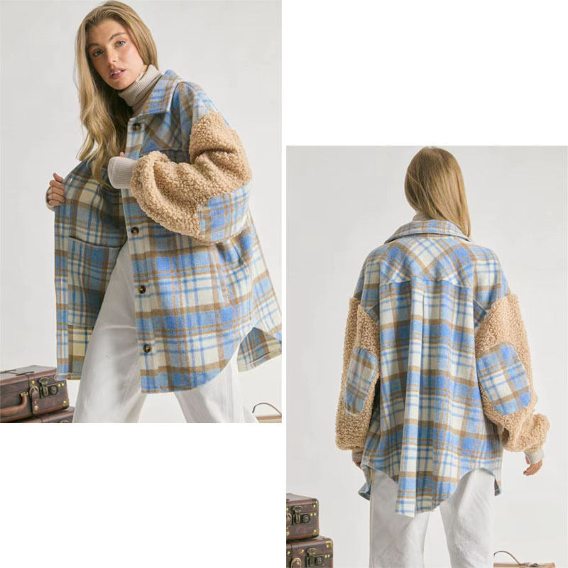 Womens Plaid Jacket Sherpa Patchwork Thickened Oversized Coat-Blue