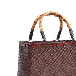 Retro Womens Bamboo Handbag Handmade Large Tote Bag Wicker Basket Bag-Brown