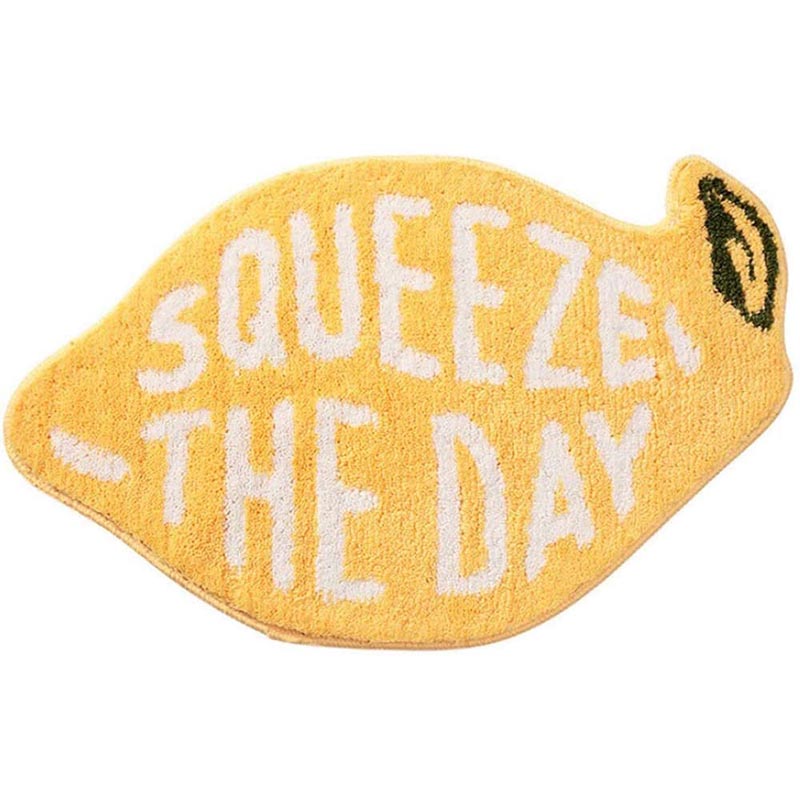 Bath Rug Lemon Shape with White Words Cartoon Plush Water Absorbent Bathroom Decor Non Slip Washable Rug