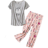 Womens Short Sleeve Casual Prints Pajama Cropped Trousers Set-Pink Lamb