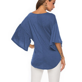 Womens Summer Ruffle Sleeve V-Neck T-Shirt Knot Tops-Blue