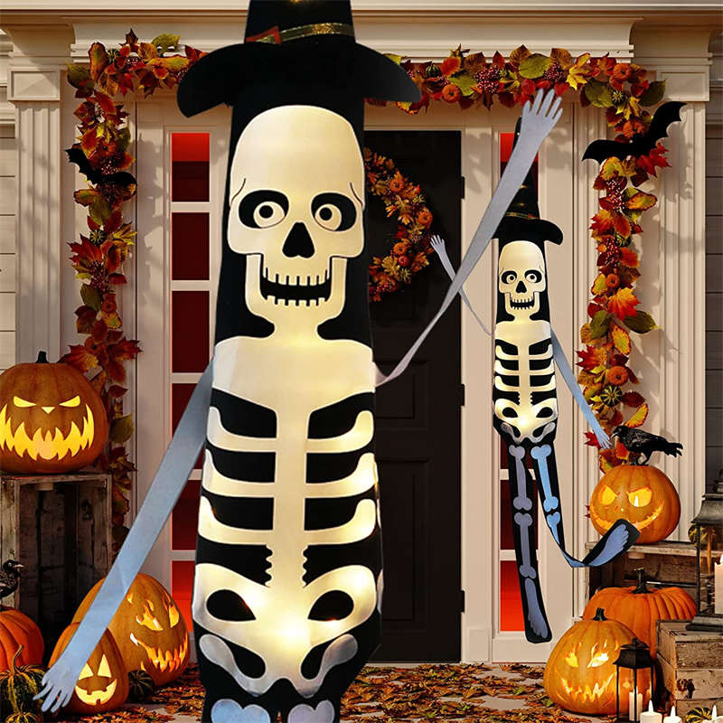 2 Pack Large Hanging Lighted Glowing Skeleton Flag for Indoor Outdoor Yard Decor-White Light