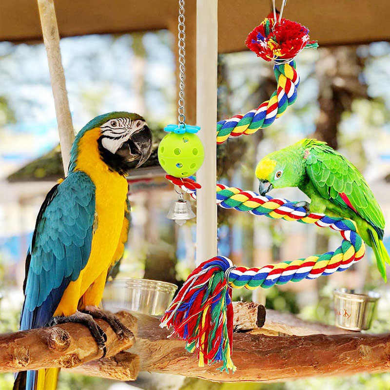 6Pcs Bird Swing Toys Parrot Chew Natural Wood and Rope Bungee Toys