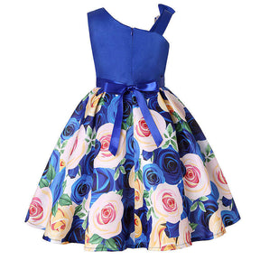 Oblique Shoulder Childrens Dress Rose Print Dress Girls Evening Party Costume-Blue