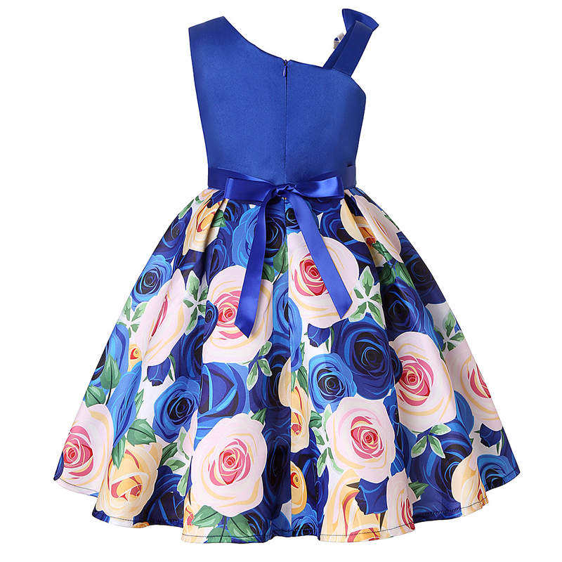 Oblique Shoulder Childrens Dress Rose Print Dress Girls Evening Party Costume-Blue