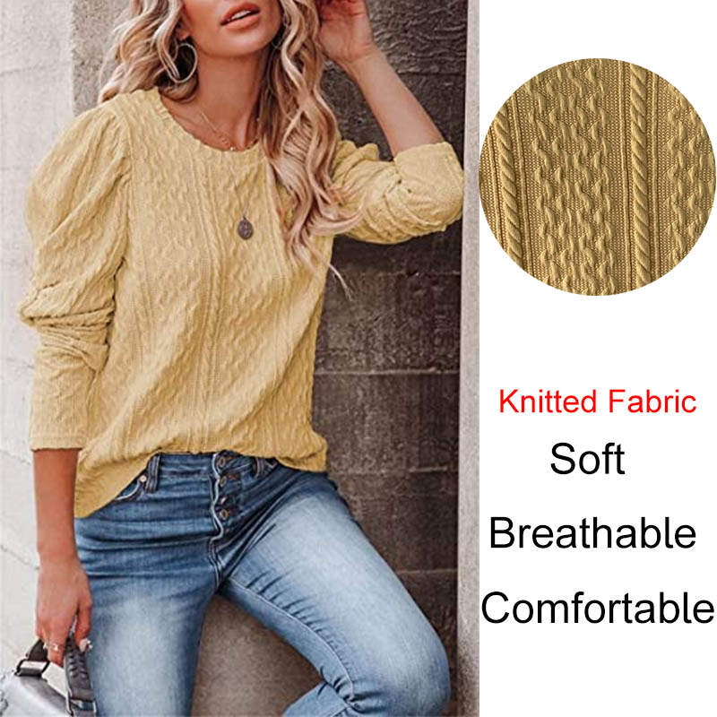Womens Long Sleeve Sweaters Solid Color Jacquard Weave Round Neck Knit Tops-Yellow