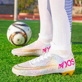 Hightop Soccer Boots Spikes Shoes Unisex Outdoor Indoor Sneaker-1White