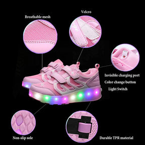 Kids Two Wheels Sneakers with Lights Rechargeable Roller Skates Shoes for Boys Girls-Black