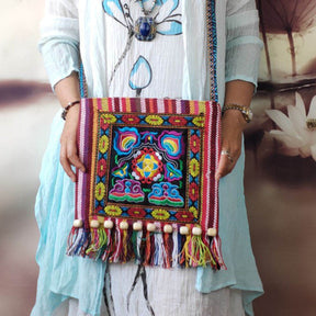 Vintage Embroidered Fringe Sling Crossbody Bag Boho Shoulder Bag-Red Camellia