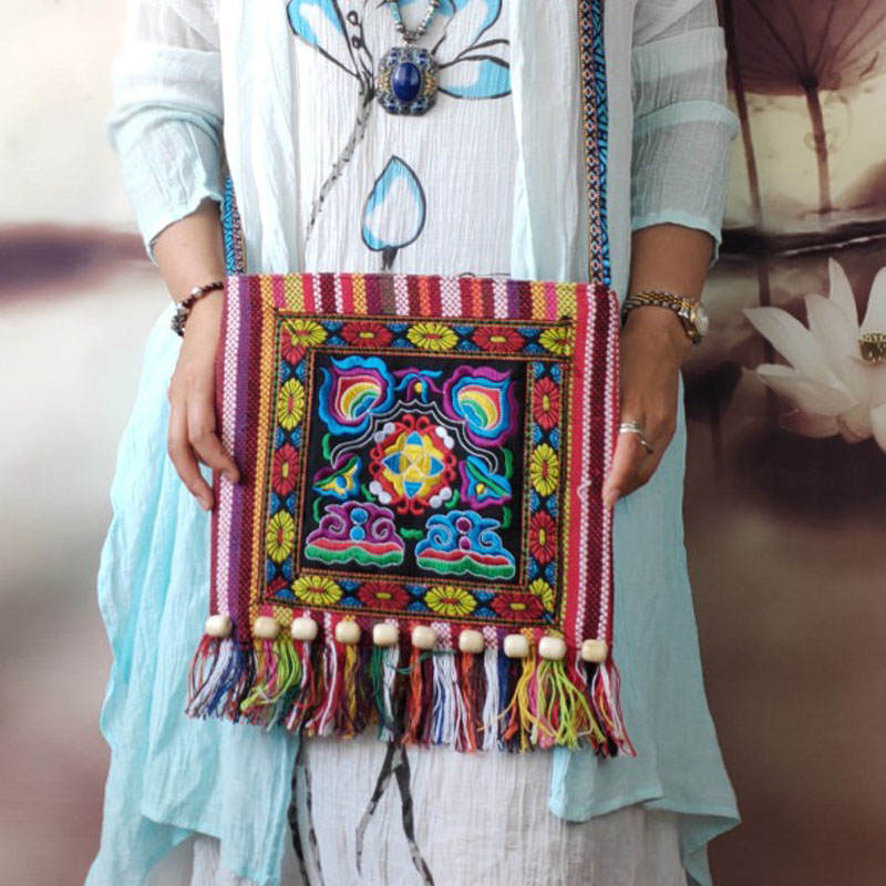Vintage Embroidered Fringe Sling Crossbody Bag Boho Shoulder Bag-Red Camellia