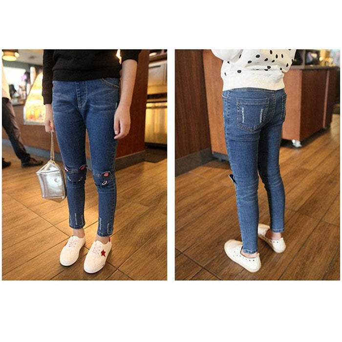 Big Girls Distressed Ripped Hole Teens Jean Blue Cat Slim Denim Pants