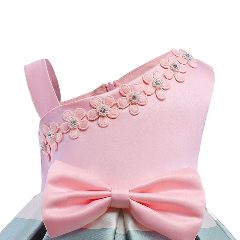 3-9T Girls Kids Single Shoulder Striped Floral Ruffles Flower Dress Ball Gown-Pink