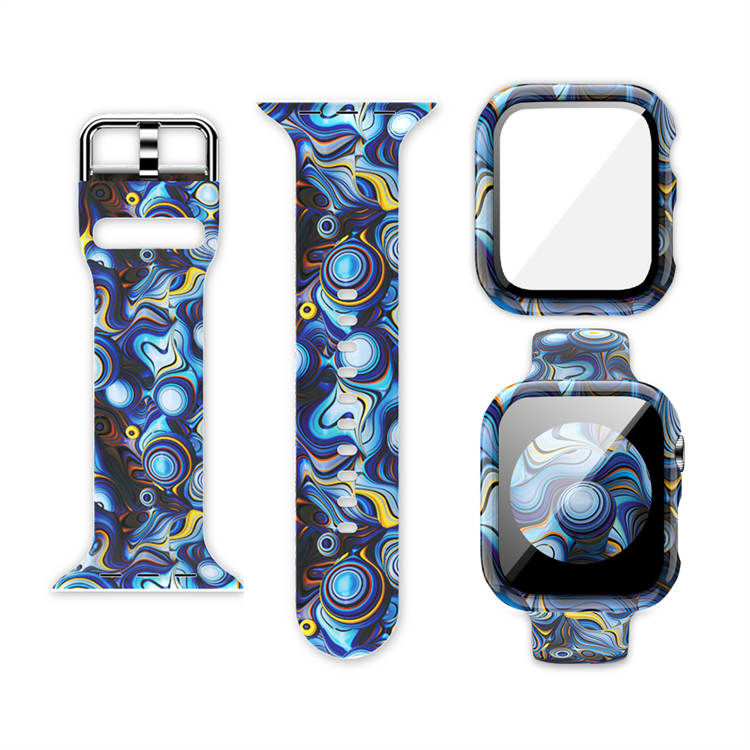 Silicone Printed Watch Band with Screen Protector Case for iWatch Series SE/6/5/4/3/2/1-BlueSpace