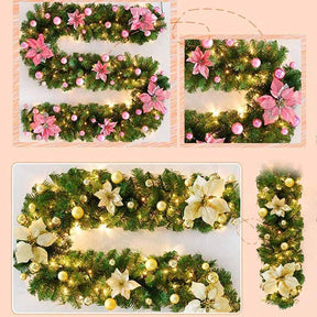 2.7M Christmas Garland with Lights Rattan Artificial Garland Green for Indoor Home Fireplace Stair Decorations-Pink