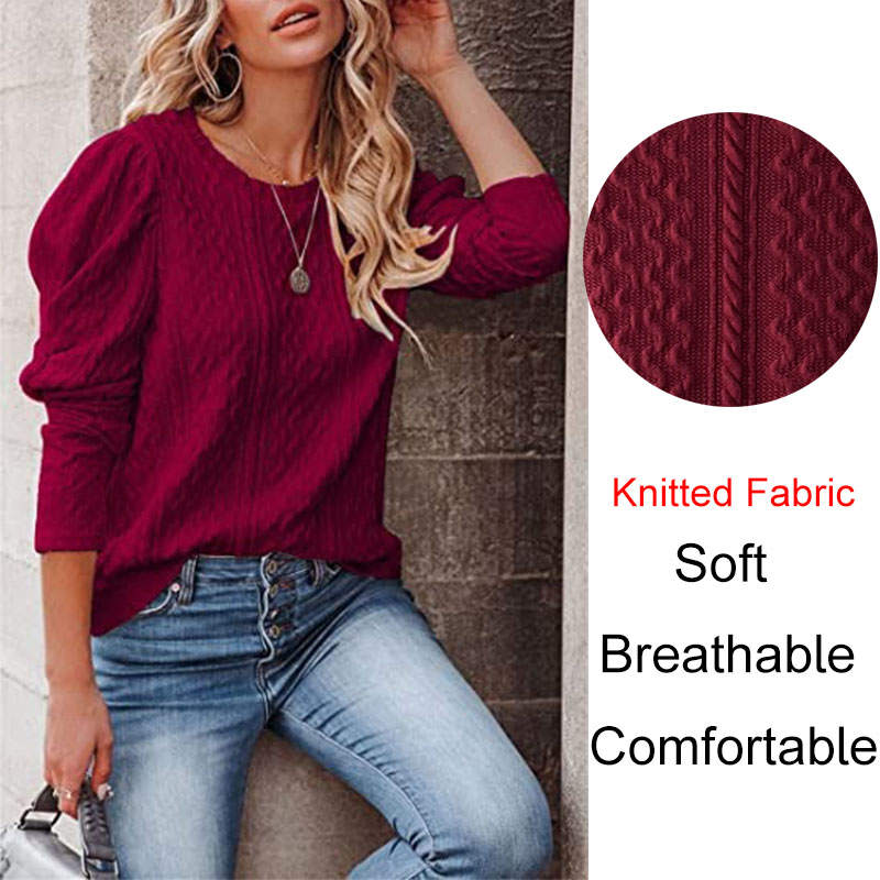 Womens Long Sleeve Sweaters Solid Color Jacquard Weave Round Neck Knit Tops-WineRed