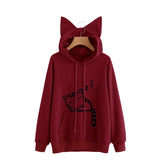 Women Teen Girls Cat Printed Hoodie Sweatshirt Cute Cat Ear Pullover Sweatshirt-Wine Red