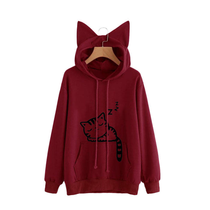 Women Teen Girls Cat Printed Hoodie Sweatshirt Cute Cat Ear Pullover Sweatshirt-Wine Red