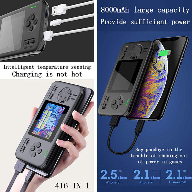 2 in 1 Handheld Game Console 8000mAh Power Bank with 416 Classic FC Games-White Orange