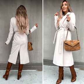 Womens Trench Coats Lapel with Tie Belt Fashion Winter Long Outwear-White