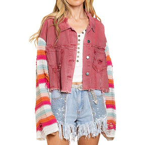 Womens Patchwork Denim Jacket Rainbow Knit Long Sleeve Crop Coat-Red