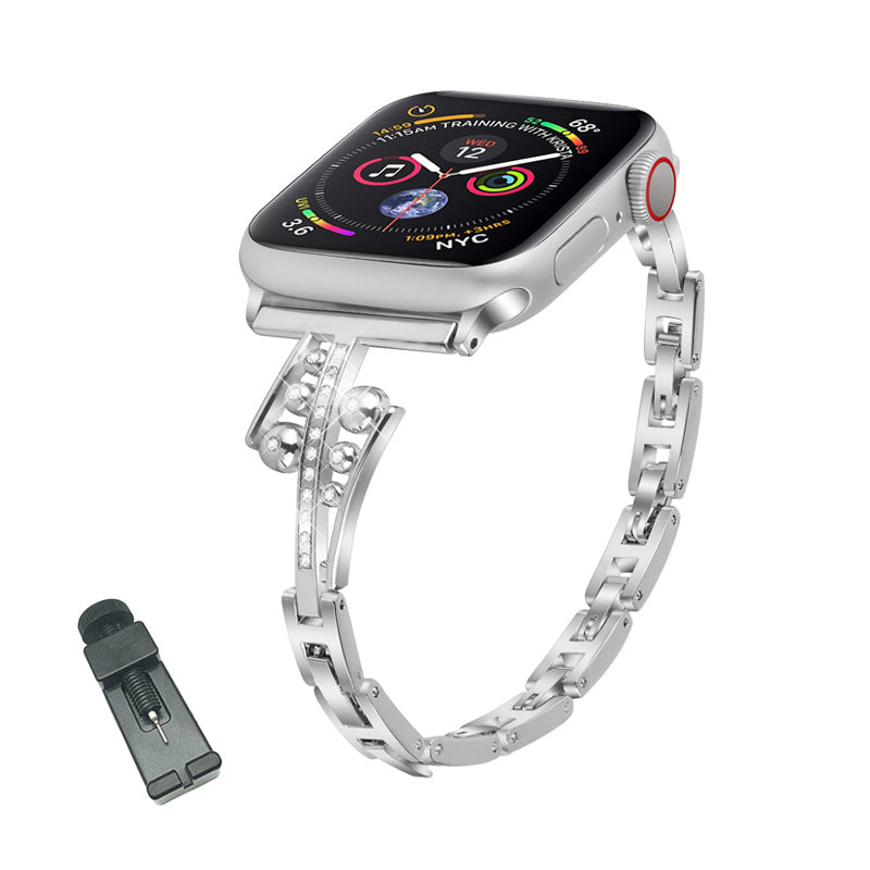 JCZ Watch Band Diamond Rhinestone Stainless Steel Wristbands for Apple IWatch Series 1/2/3/4/5/6/SE For Women-Silver
