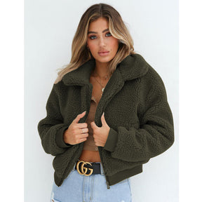 Womens Sherpa Fleece Jackets Lapel Zip Up Winter Warm Crop Outwear-ArmyGreen