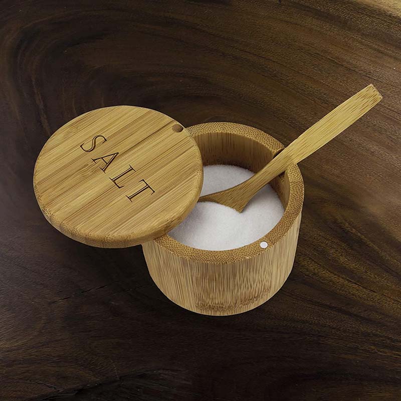Totally Bamboo Salt Box Bamboo Storage Box with Magnetic Swivel Lid Salt Engraved on Lid with Bamboo Spoon