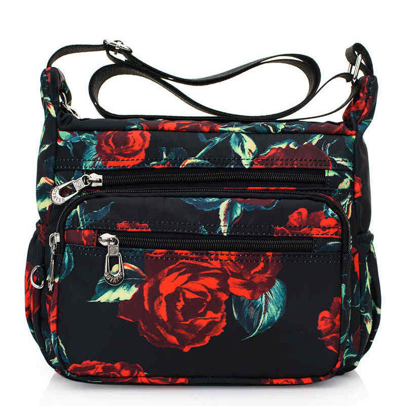 Women Nylon Floral Crossbody Bag Multi Pocket Shoulder Bag-Rose Flower