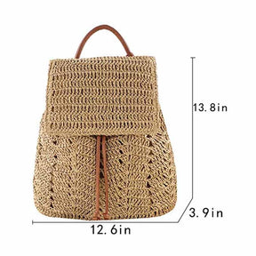 Women Straw Handmade Crochet Backpack Flap Drawstring Casual Beach Bag-LightBrown