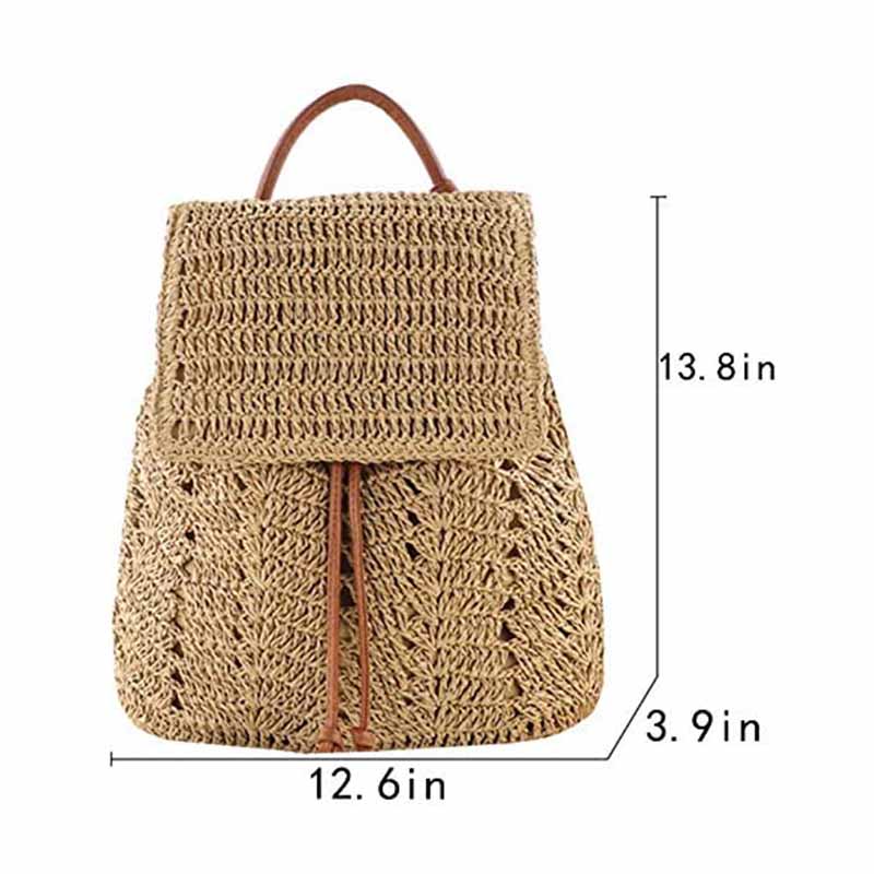 Women Straw Handmade Crochet Backpack Flap Drawstring Casual Beach Bag-LightBrown