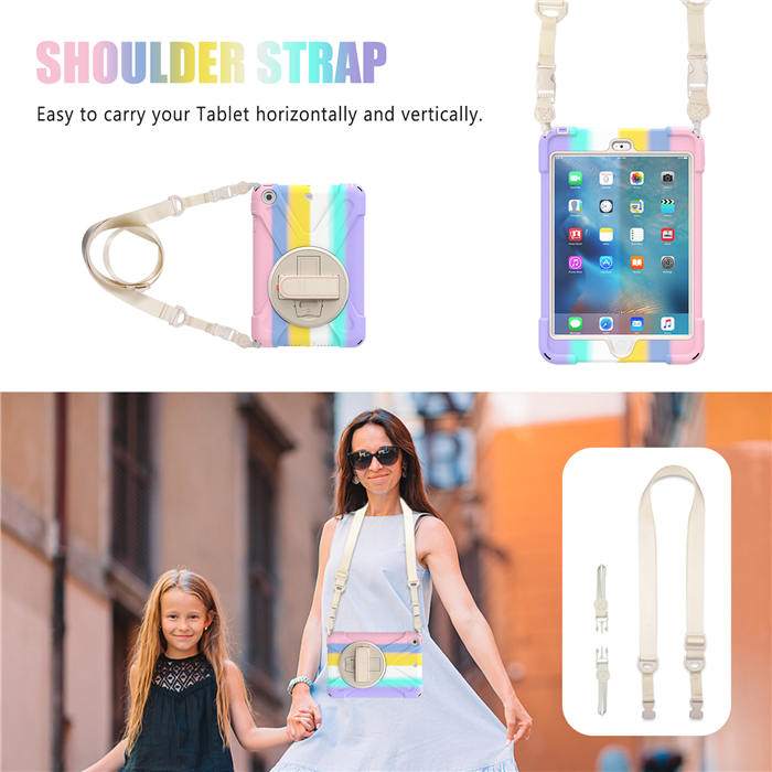 iPad Case With Pencil Stand+Rotating Stand+Shoulder Strap For iPad Mini 3 -Pink